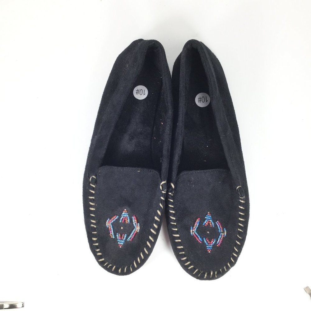 Women's Embroidered Moccasins Loafers Black Sz 10